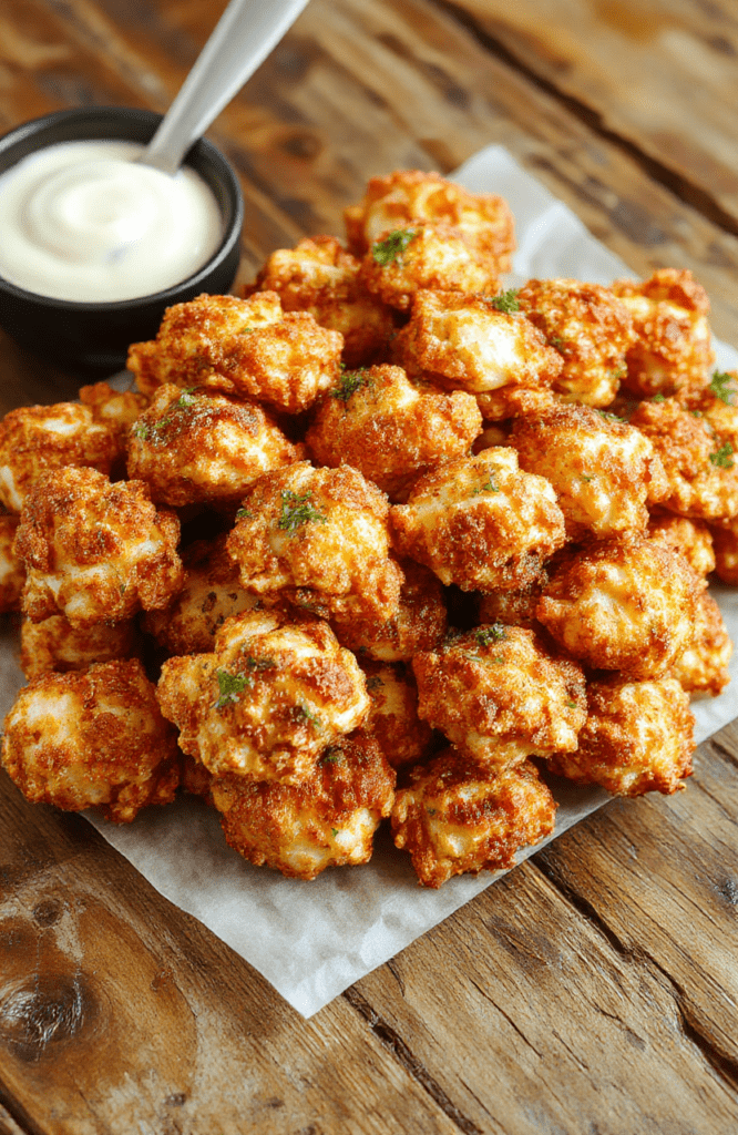 A golden crispy popcorn chicken served in a white bowl on a rustic wooden table, garnished with fresh herbs, with a side of dipping sauce, crispy texture visible, vibrant colors and inviting presentation.