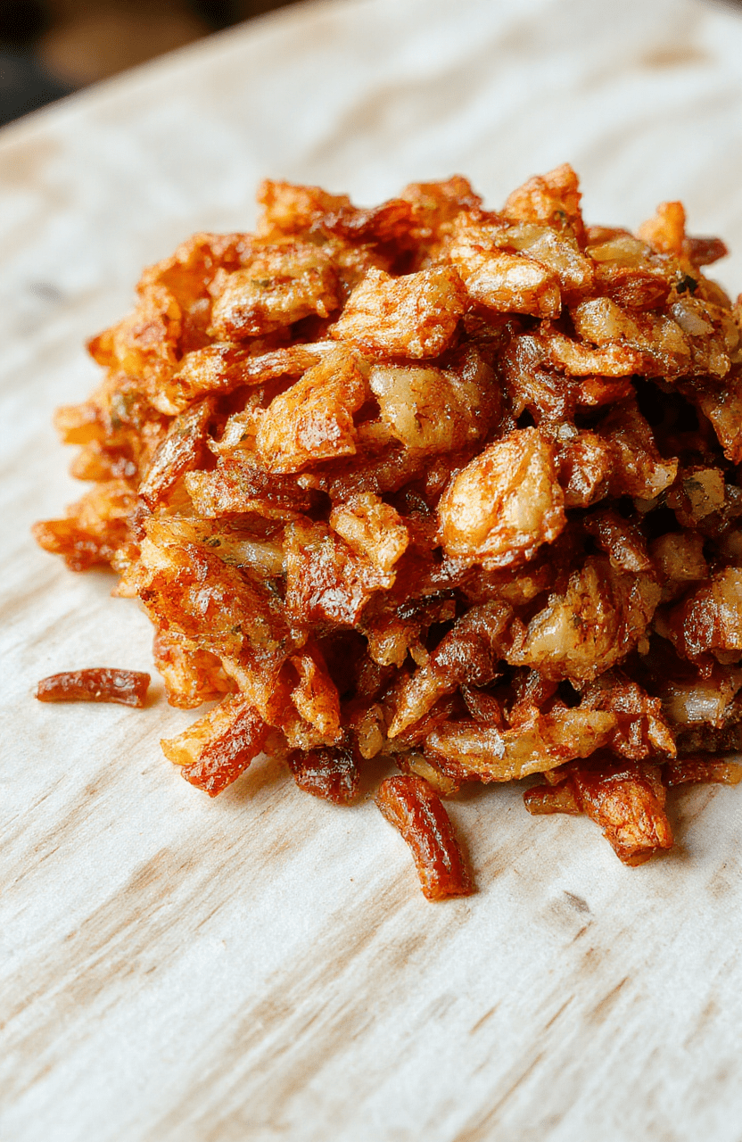 Golden crispy fried onions arranged in a bowl with a textured backdrop, showing their crunchy surface and tender insides, styled casually for an inviting snack.