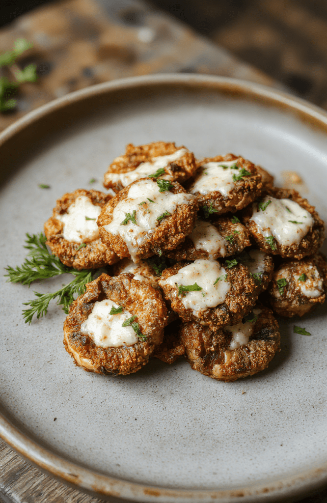 A close-up of golden crispy ranch mushrooms served on a white plate, garnished with fresh herbs. The mushrooms are coated in a seasoned batter, exhibiting a crispy texture, with vibrant green herbs and a drizzle of ranch dressing visible. The background features a rustic wooden table, natural lighting highlighting their crunchy exterior and inviting appeal.