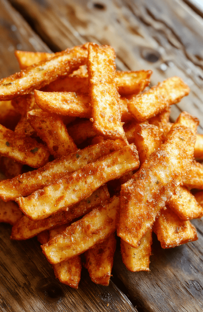 Golden crispy sweet potato fries arranged on a rustic wooden platter with a sprinkle of sea salt and fresh herbs, showcasing their crunchy exterior and tender interior, styled for a cozy home meal with vibrant natural lighting.
