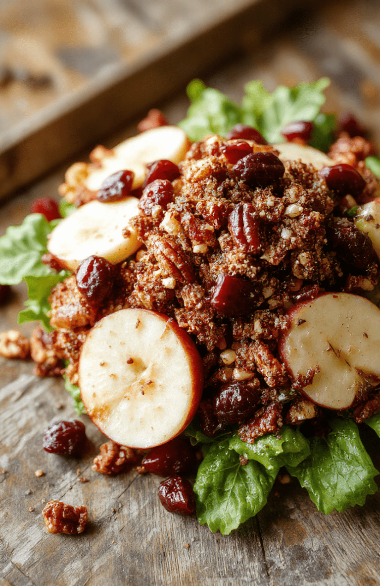 A vibrant crunchy apple cranberry pecan salad arranged on a white plate, featuring crisp apple slices, ruby red cranberries, toasted pecans, and fresh greens, all tossed in a light dressing, styled with a rustic background and natural lighting highlighting the colorful ingredients with a textured cloth beneath the plate.