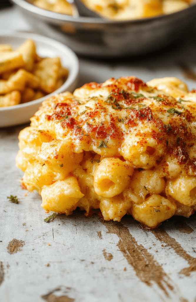 A golden baked mac and cheese casserole topped with crispy breadcrumbs, served in a rustic white dish. The creamy cheese sauce coats al dente pasta, with a crunchy breadcrumb crust adding texture. The dish is styled with a sprinkle of fresh herbs and is captured on a wooden table with natural daylight highlighting the cheesy, crispy textures.