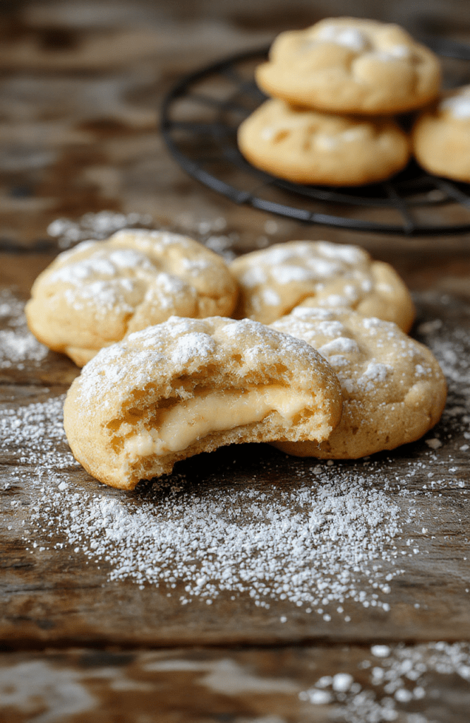 A tempting plate of golden-brown cheesecake cookies with a creamy filling visible inside, topped with a light dusting of powdered sugar, styled on a rustic wooden surface with a soft-focus background.