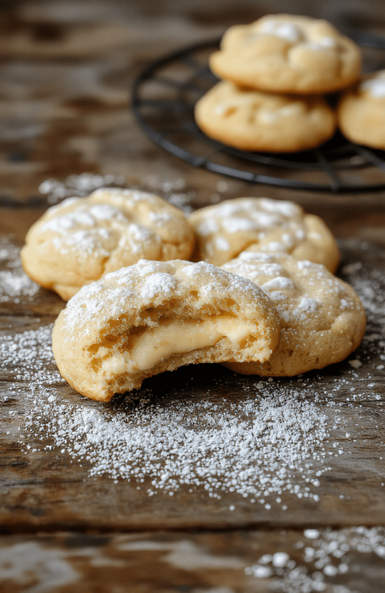 A tempting plate of golden-brown cheesecake cookies with a creamy filling visible inside, topped with a light dusting of powdered sugar, styled on a rustic wooden surface with a soft-focus background.