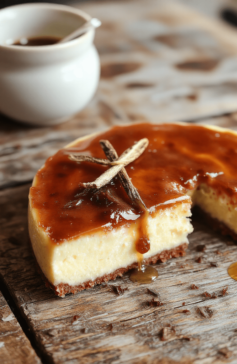 A beautifully plated slice of decadent cheesecake drizzled with caramelized brown butter, topped with vanilla bean specks, on a rustic wooden surface with a golden crust, creamy filling, and elegant presentation with a vanilla bean pod garnish.