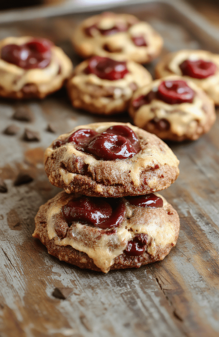 A close-up of rich chocolate cherry cookies arranged on a rustic wooden platter. The cookies are glossy and dark, dotted with bright red candied cherries and dusted with powdered sugar. The background features holiday-themed decor with hints of greenery and twinkling lights, creating an inviting festive atmosphere. The cookies are textured with a slight crunch on the outside and soft insides visible in some broken pieces.