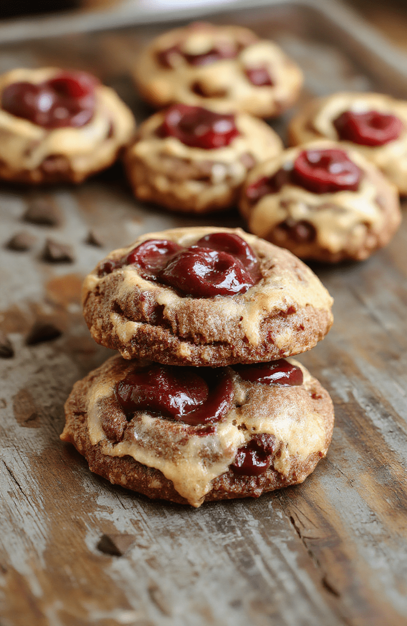 A close-up of rich chocolate cherry cookies arranged on a rustic wooden platter. The cookies are glossy and dark, dotted with bright red candied cherries and dusted with powdered sugar. The background features holiday-themed decor with hints of greenery and twinkling lights, creating an inviting festive atmosphere. The cookies are textured with a slight crunch on the outside and soft insides visible in some broken pieces.