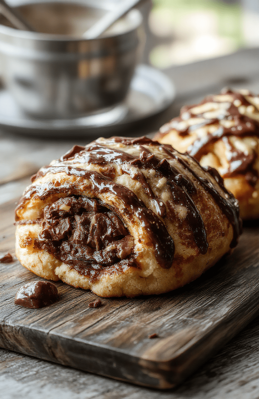 A steaming, golden-brown chocolate croissant bake sliced open to reveal gooey melted chocolate filling, topped with powdered sugar and served on a rustic white plate, garnished with fresh berries and mint. The dish has a flaky, buttery texture with visible layers of croissant dough. The background features a cozy kitchen setting with soft natural light highlighting the rich chocolate interior and flaky crust.