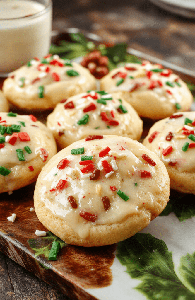 A close-up of gooey butter cookies decorated with red and green sprinkles, arranged on a festive platter with holiday decor blurred in the background, showcasing their glossy, chewy texture and vibrant colors.