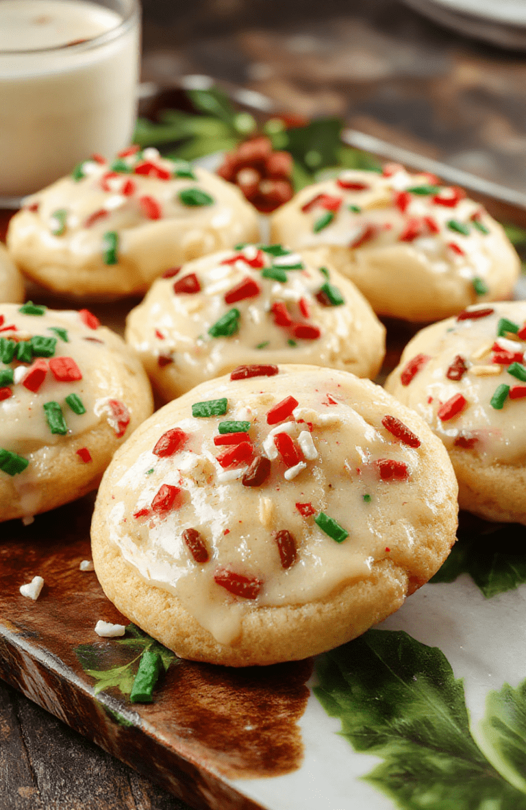 A close-up of gooey butter cookies decorated with red and green sprinkles, arranged on a festive platter with holiday decor blurred in the background, showcasing their glossy, chewy texture and vibrant colors.