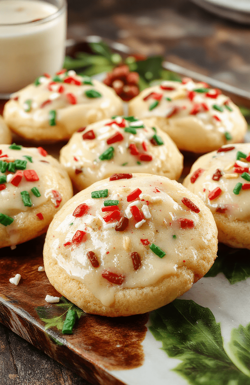 A close-up of gooey butter cookies decorated with red and green sprinkles, arranged on a festive platter with holiday decor blurred in the background, showcasing their glossy, chewy texture and vibrant colors.