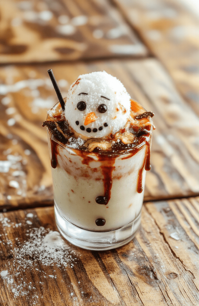 A vibrant, creamy white cocktail with chocolate syrup drizzle, topped with whipped cream and colorful sprinkles, served in a festive glass on a holiday-themed table with twinkling lights in the background.