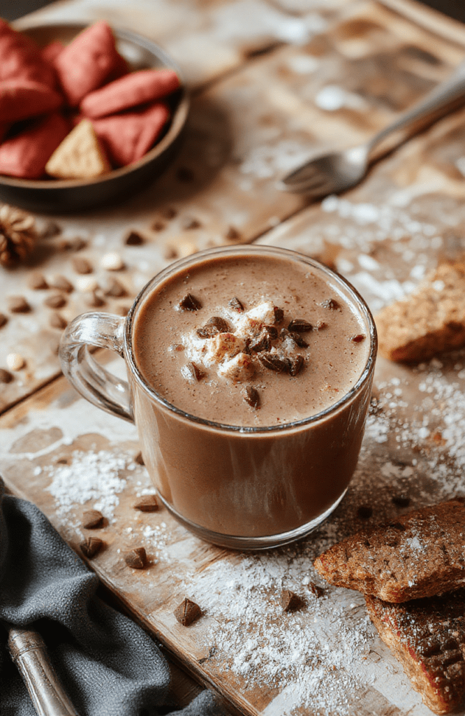 A rich, creamy mug of hot chocolate topped with fluffy whipped cream and mini marshmallows, set on a rustic wooden table surrounded by holiday decorations and cinnamon sticks, with a cozy, inviting atmosphere and vibrant warm tones.