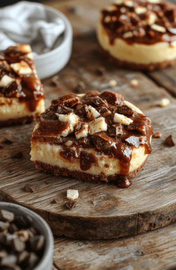 A luscious turtle cheesecake sliced to reveal creamy layers topped with glossy caramel and rich chocolate ganache, garnished with pecans and a drizzle of caramel sauce, styled on a white plate with a rustic wooden background, highlighting textures and inviting indulgence.
