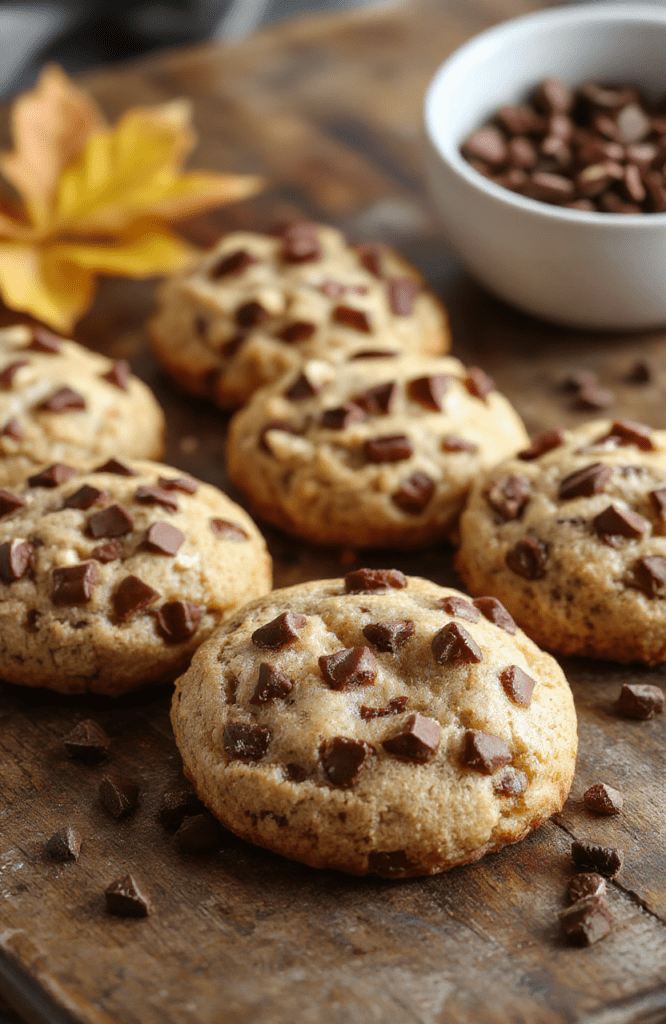 A plate of golden-brown coffee cake cookies with crumbly topping, garnished with cinnamon sticks, set on a rustic wooden table with autumn leaves in the background.