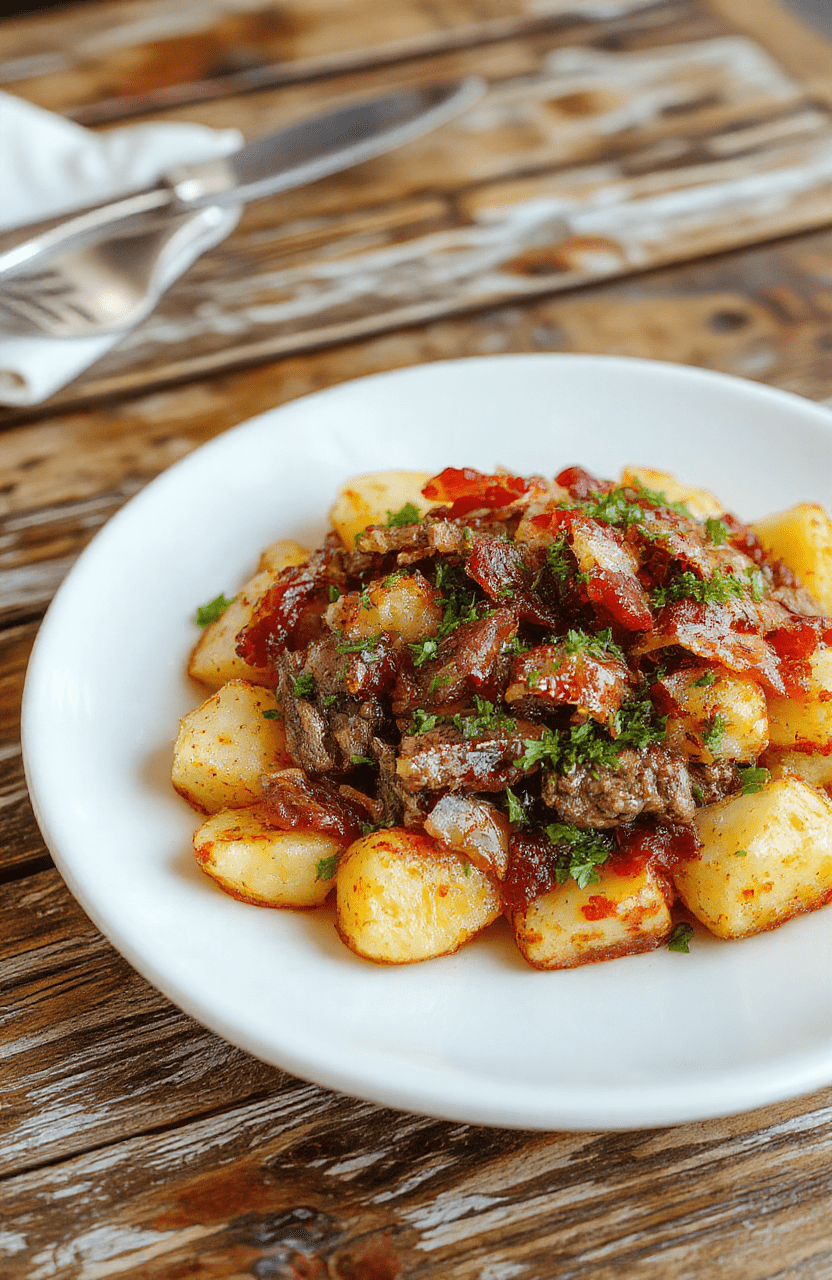 A rustic white plate showcasing golden roasted potatoes topped with crispy bacon bits and tender beef strips, garnished with fresh herbs, vibrant colors, and a textured surface, styled simply with a wooden background.