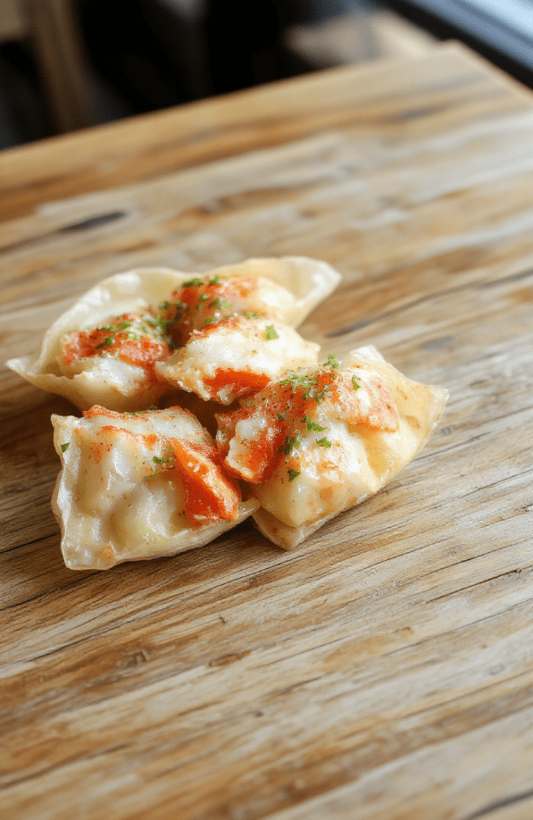 A plate of golden-brown crab rangoon with crispy edges, filled with creamy crab mixture, garnished with chopped green onions, arranged on a stylish white plate with a dipping bowl of sweet chili sauce, styled for a modern appetizer presentation.