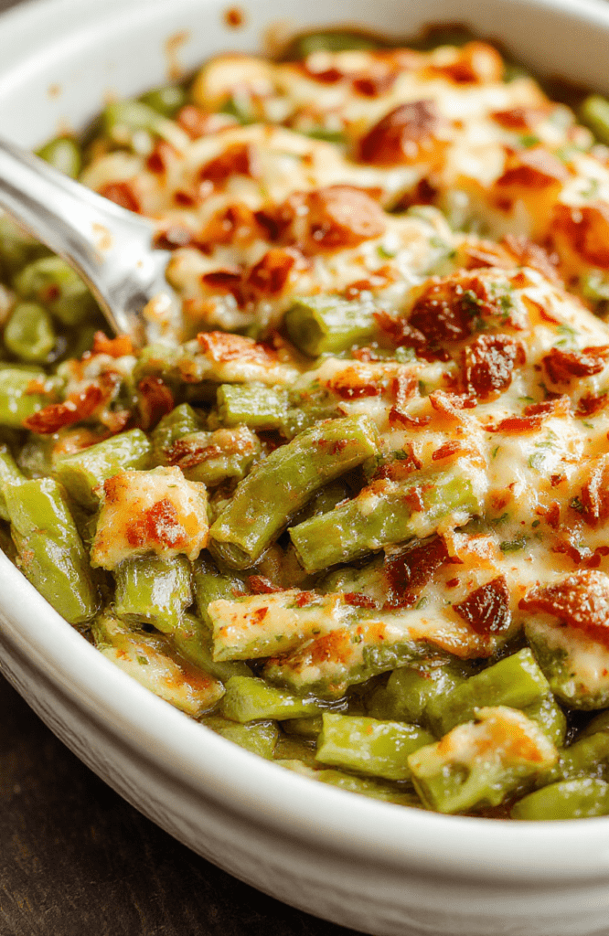A vibrant green bean casserole served in a rustic white baking dish, topped with golden crispy fried onions, garnished with fresh herbs, and surrounded by colorful holiday table setting, appealing textures of tender beans and crunchy topping, styled for a festive celebration.