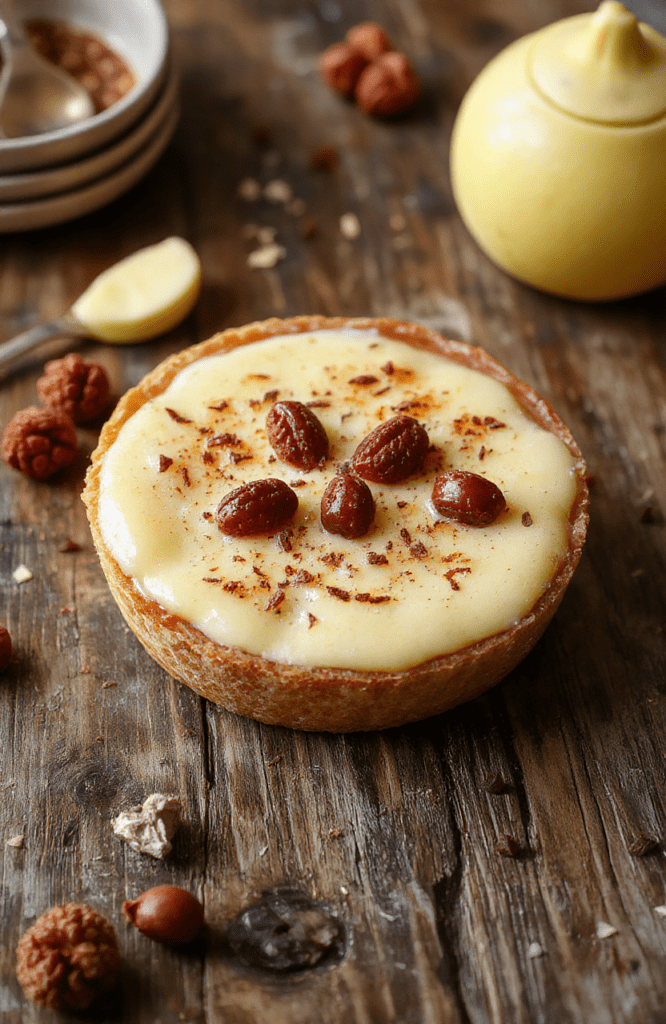 A slice of rich, creamy custard pie with a golden-brown crust, topped with a dollop of whipped cream and a sprinkle of nutmeg, arranged on a white ceramic plate with a festive holiday background and soft natural lighting.
