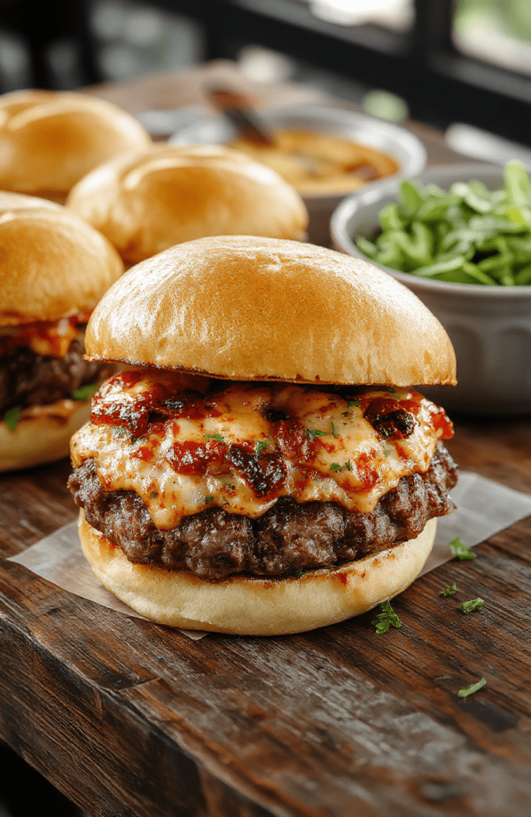 A close-up of a plate with crispy, golden-brown pizza burgers topped with melted cheese, fresh basil, and pepperoni slices, accompanied by a side of crispy fries and fresh salad, styled on a rustic wooden table with a warm, inviting ambiance.