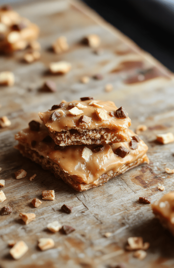 A vibrant close-up of crunchy cracker toffee topped with glossy caramel and melted chocolate, sprinkled with chopped nuts, arranged on a rustic wooden platter, highlighting textures and rich colors.