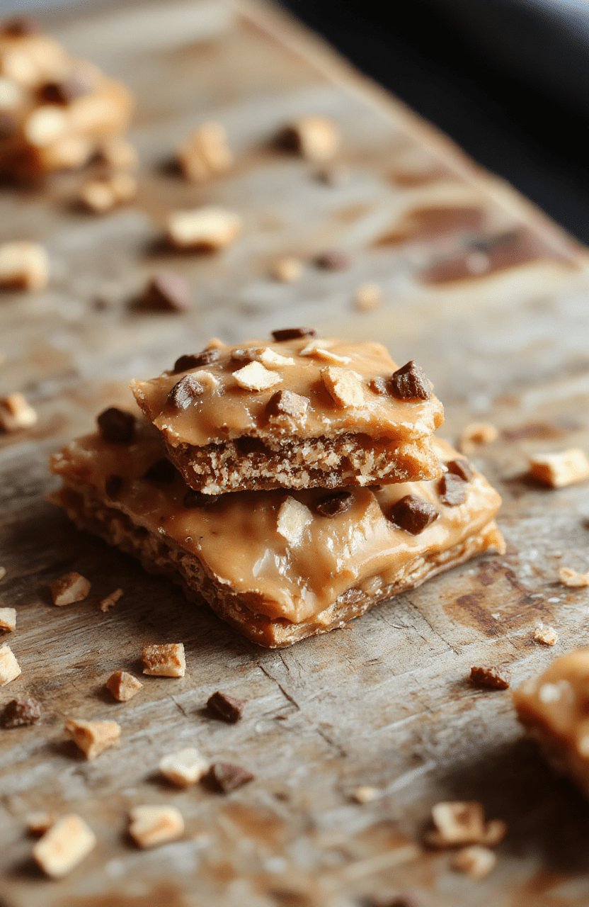 A vibrant close-up of crunchy cracker toffee topped with glossy caramel and melted chocolate, sprinkled with chopped nuts, arranged on a rustic wooden platter, highlighting textures and rich colors.