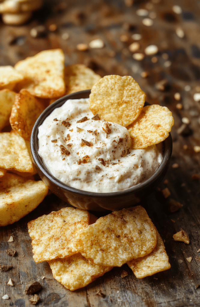 A vibrant white bowl filled with smooth apple dip garnished with a sprinkle of cinnamon, surrounded by crispy cinnamon chips on a rustic wooden table with scattered apple slices and cinnamon sticks, styled simply and invitingly.