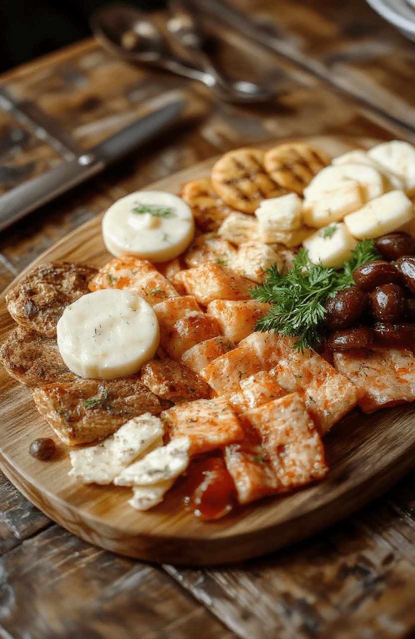 A colorful charcuterie board featuring an assortment of cheeses, cured meats, fresh fruits, nuts, bread slices, and gourmet crackers, artfully arranged on a wooden platter with decorative garnishes and edible flowers, styled for a casual yet elegant presentation.