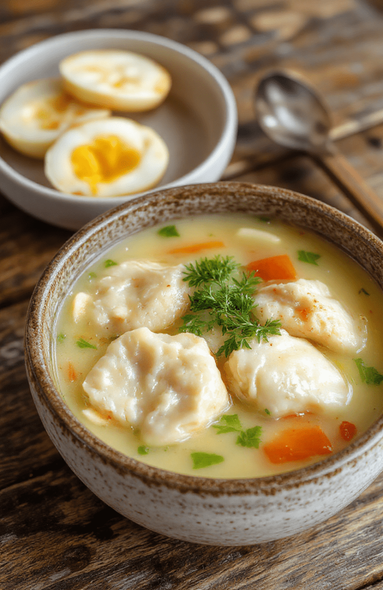 A vibrant bowl of chicken dumpling soup showcasing fluffy dumplings, tender shredded chicken, and colorful vegetables in a clear broth, garnished with fresh herbs, plated on a rustic wooden surface.