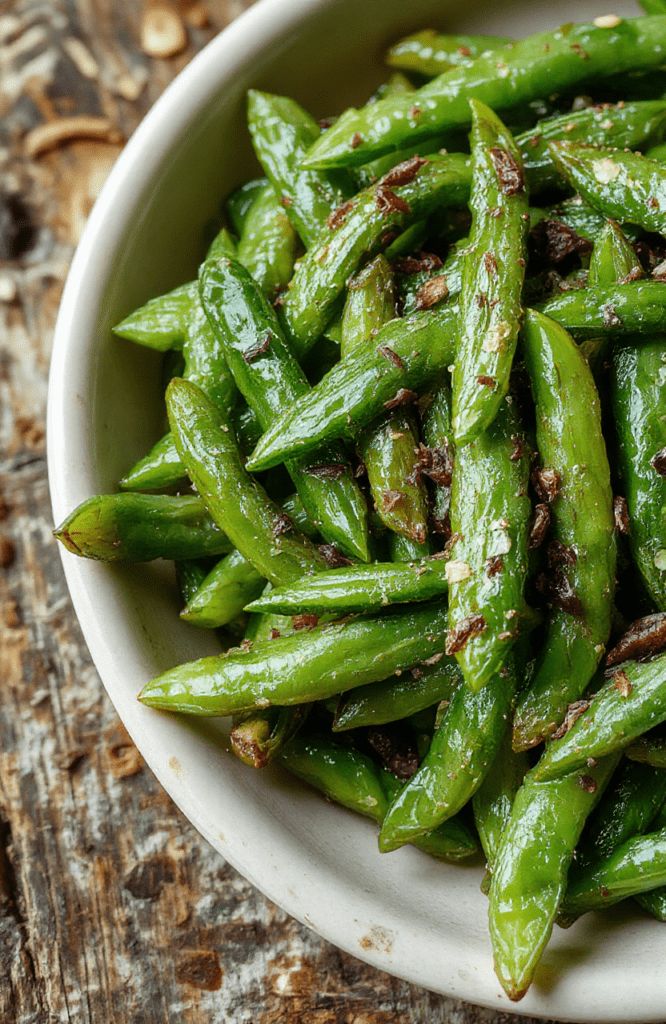 A vibrant dish of glazed green beans sprinkled with crispy bacon bits and chopped almonds, arranged on a rustic white plate garnished with fresh herbs, set on a wooden table with natural light highlighting the glossy texture and colorful ingredients.