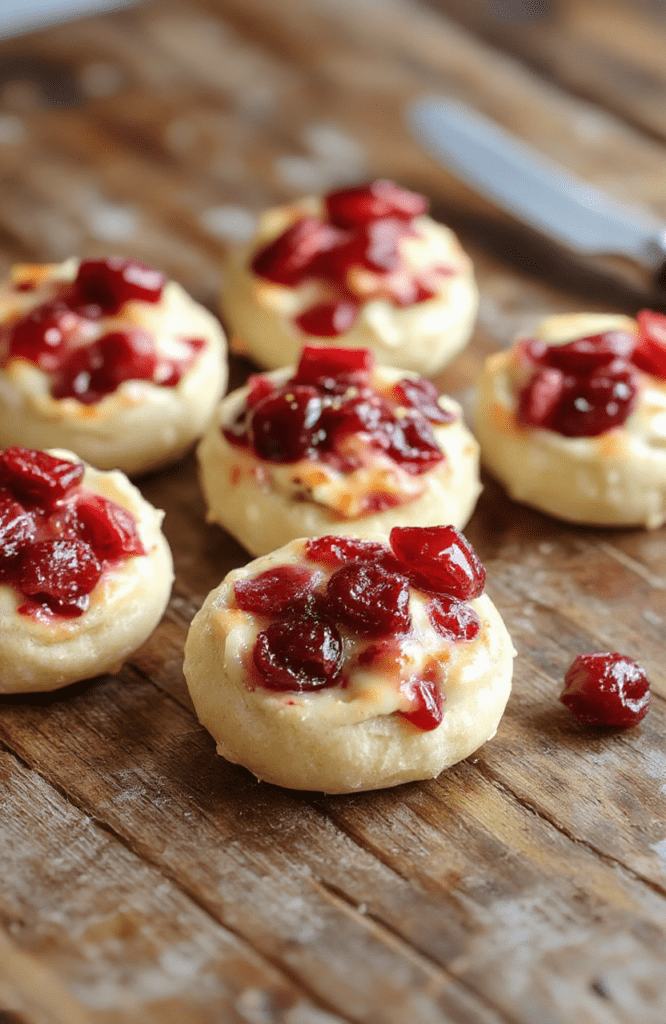 Colorful Cranberry Brie Bites arranged neatly on a white platter, featuring golden-brown pastry, glossy red cranberries, creamy Brie melting slightly, garnished with fresh mint leaves, styled for festive holiday presentation.