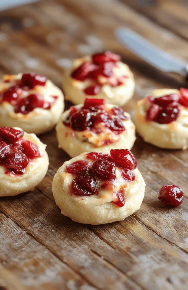 Colorful Cranberry Brie Bites arranged neatly on a white platter, featuring golden-brown pastry, glossy red cranberries, creamy Brie melting slightly, garnished with fresh mint leaves, styled for festive holiday presentation.