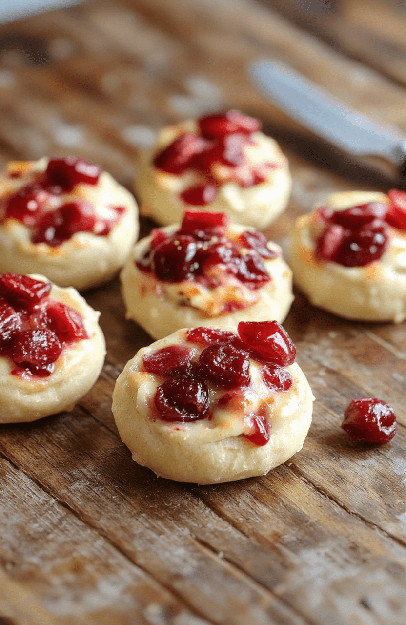 Colorful Cranberry Brie Bites arranged neatly on a white platter, featuring golden-brown pastry, glossy red cranberries, creamy Brie melting slightly, garnished with fresh mint leaves, styled for festive holiday presentation.