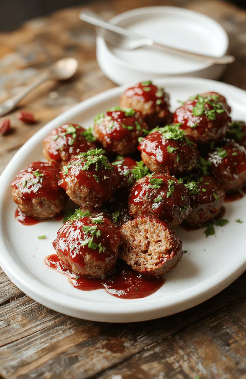 A vibrant plate of glossy cranberry meatballs garnished with fresh herbs, surrounded by dollops of cranberry sauce and festive decorations, with a warm holiday table setting in the background.