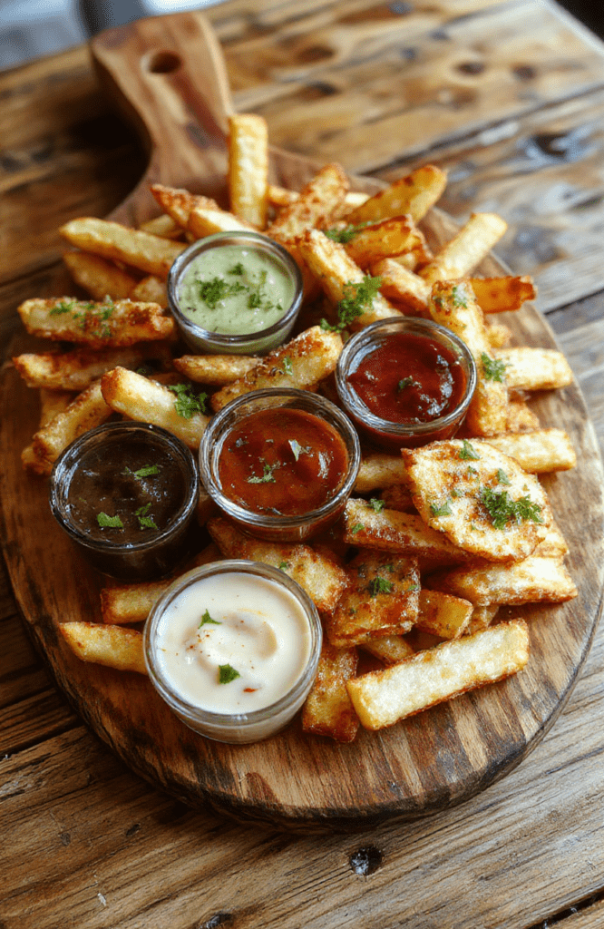 A vibrant and inviting French fry board featuring golden crispy fries arranged on a wooden serving platter with colorful dips and garnishes, styled casually with fresh herbs and scattered spice blends, emphasizing textures and tempting presentation.
