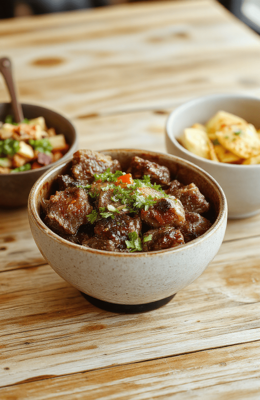 Colorful hibachi steak bowls featuring perfectly seared beef slices, vibrant vegetables, and steaming rice, arranged on a sleek white plate with sesame seeds and green onions, styled with a modern and appetizing presentation.