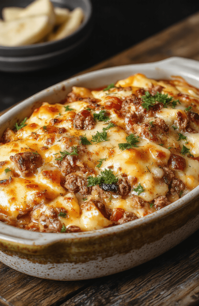 A colorful plated hobo casserole featuring layered ground beef, vegetables, and melted cheese, served in a rustic ceramic dish. The casserole has a golden-brown crust with vibrant green peas, red bell peppers, and chopped herbs scattered on top, styled simply on a white wooden table with a natural light setting.