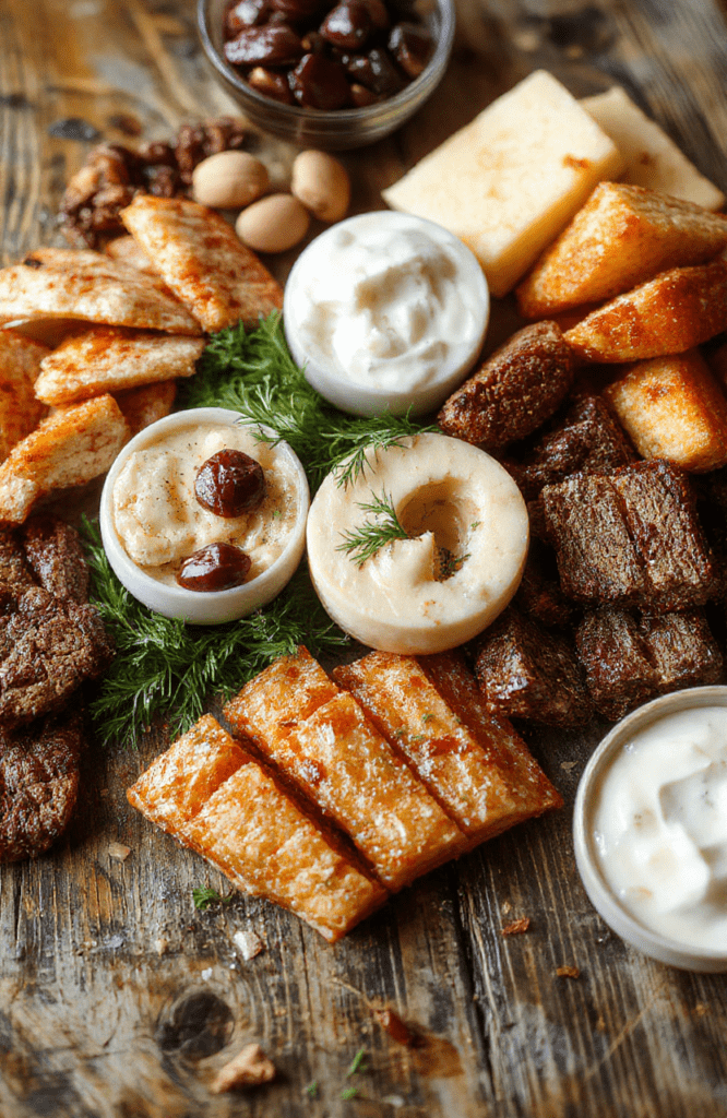 A vibrant holiday charcuterie board featuring an assortment of cheeses, cured meats, fresh fruit, nuts, and crackers arranged artfully on a wooden platter, with colorful garnishes and festive seasonal decorations. The textures range from creamy cheeses to crunchy crackers, blending warm and inviting colors suitable for holiday entertaining.