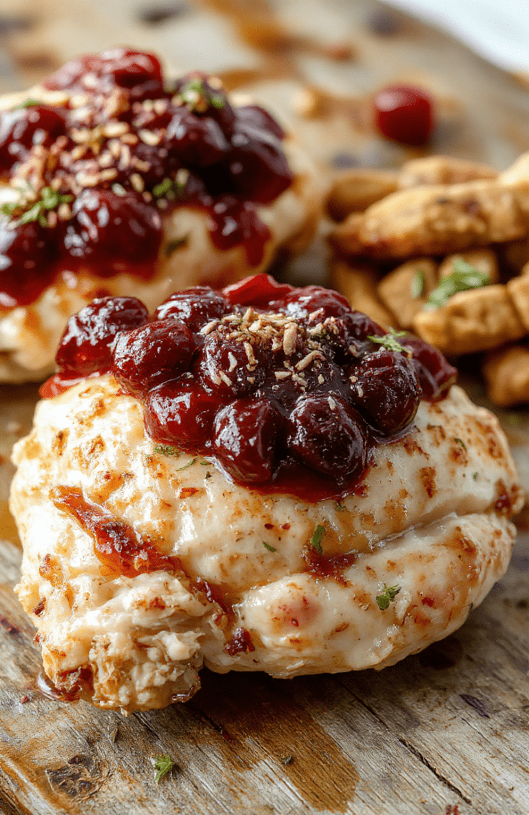 A beautifully plated dish featuring golden-brown chicken breasts topped with melted brie cheese and vibrant cranberry sauce, garnished with fresh herbs on a rustic wooden board, with colorful seasonal decorations in the background, showcasing a cozy holiday atmosphere.