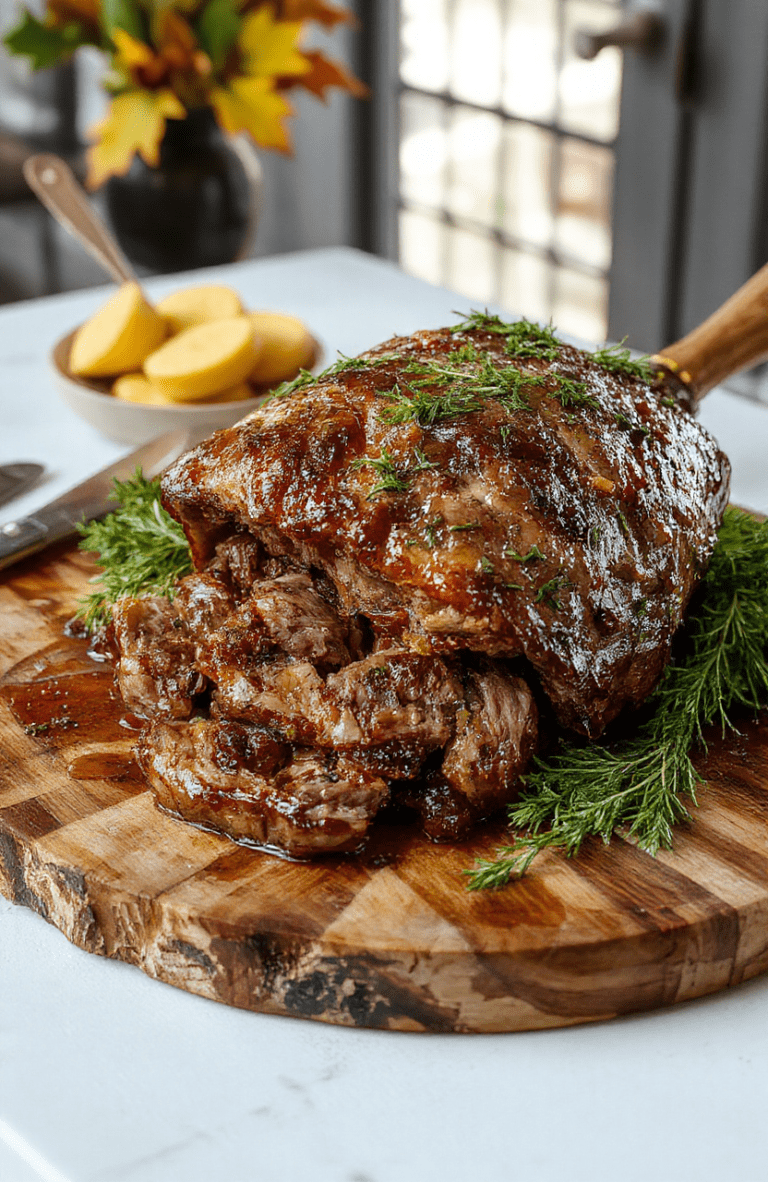 A beautifully glazed honey baked beef roast on a rustic wooden platter garnished with fresh herbs and slices of tender, caramelized beef showing a juicy, succulent interior, with a crispy, golden-brown crust, surrounded by autumnal decorations and festive table setting.