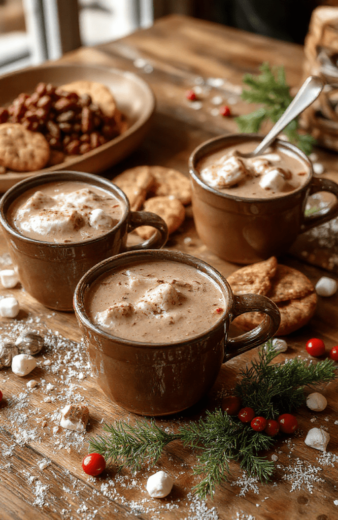 A beautifully arranged hot chocolate bar with mugs of rich, creamy hot chocolate topped with whipped cream and chocolate shavings, surrounded by marshmallows, peppermint sticks, and colorful sprinkles, set on a rustic wooden table with warm ambient lighting and cozy holiday decorations
