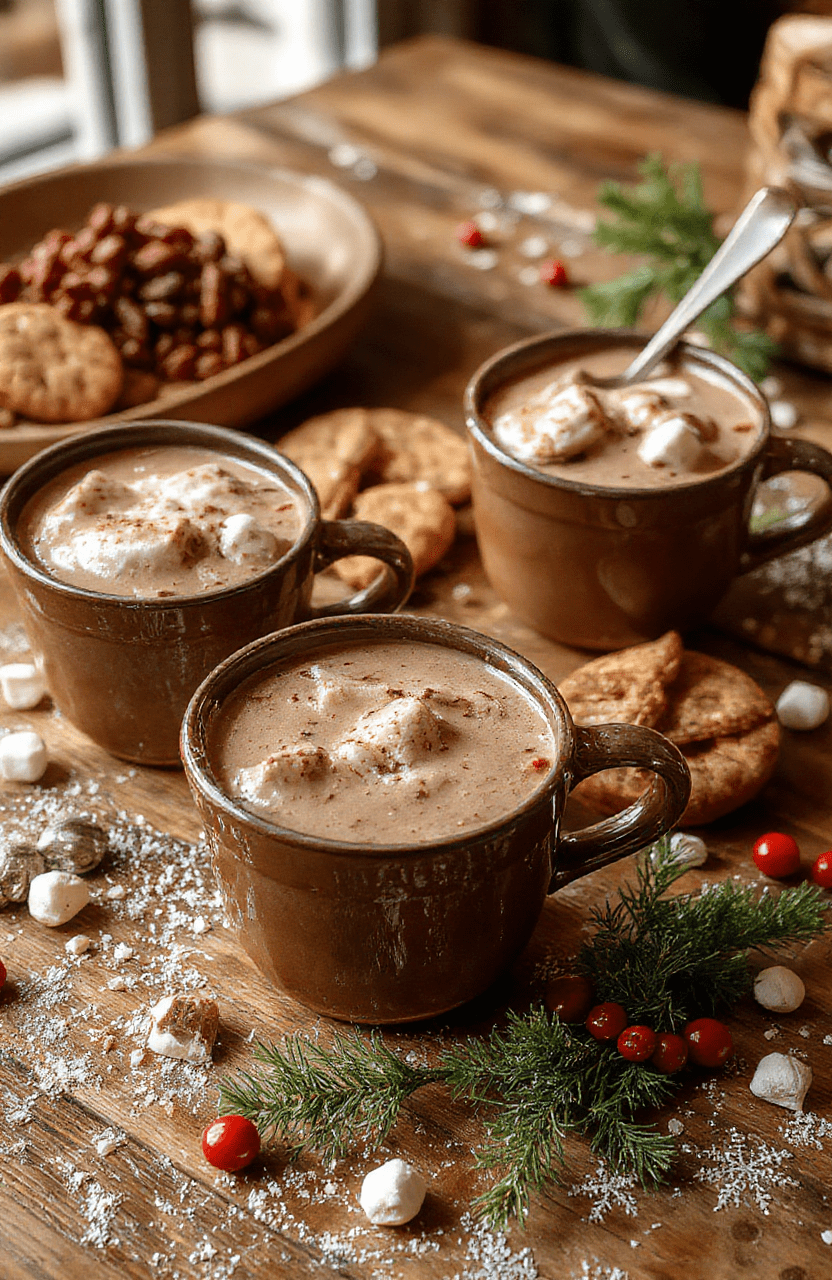 A beautifully arranged hot chocolate bar with mugs of rich, creamy hot chocolate topped with whipped cream and chocolate shavings, surrounded by marshmallows, peppermint sticks, and colorful sprinkles, set on a rustic wooden table with warm ambient lighting and cozy holiday decorations