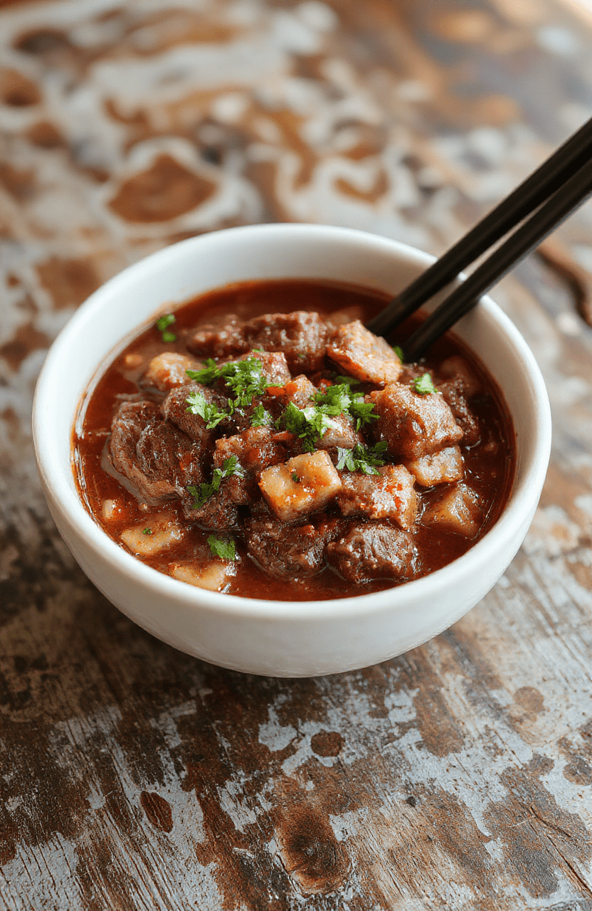 A vibrant Korean beef bowl featuring tender sliced beef piled on fluffy white rice, topped with sliced green onions, sesame seeds, and a drizzle of glossy sauce. The dish is beautifully arranged on a rustic wooden plate, showcasing rich brown and bright green colors, with a textured background and soft natural lighting highlighting the appetizing textures.