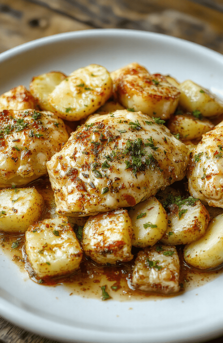 Colorful skillet of roasted chicken and potatoes garnished with fresh parsley, golden and crispy textures, with melted parmesan cheese, vibrant herbs, and steam rising from the dish, styled simply on a rustic wooden table