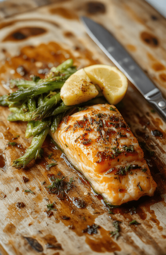 Colorful baked pineapple salmon on a rustic wooden table, garnished with fresh herbs, glossy pineapple chunks adding sweetness, flaky salmon with crispy edges, vibrant yellow pineapple slices, beautifully plated for an appetizing look.