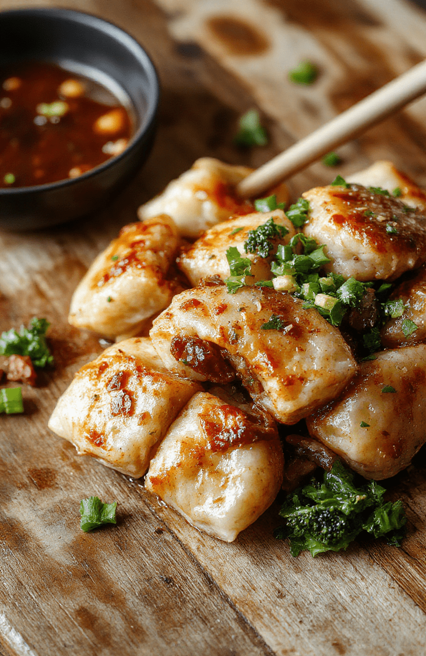Colorful potstickers with crispy edges served in a vibrant stir fry with vegetables, garnished with sesame seeds and green onions, arranged on a sleek black plate with a textured wooden background.