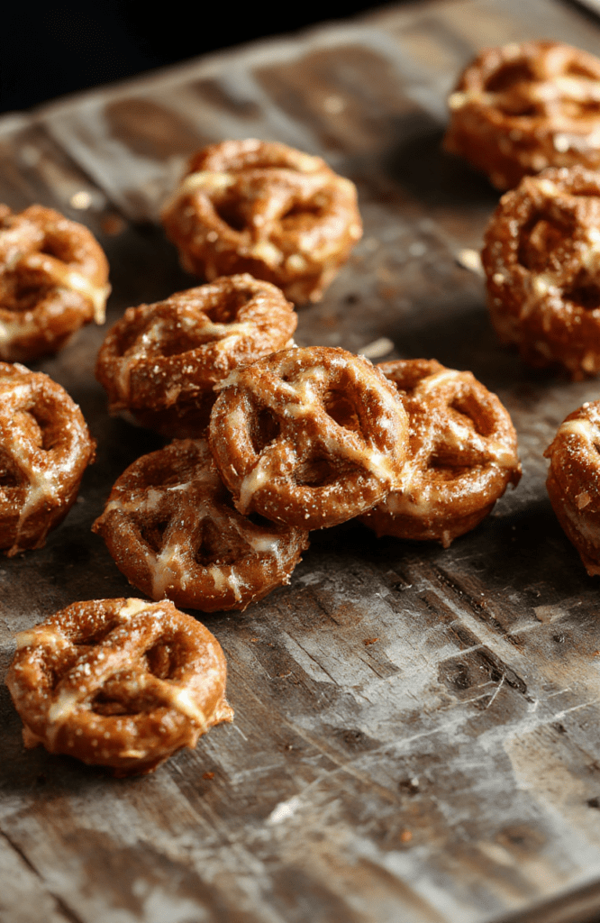Colorful platter with shiny Rolo candies nestled on twisted pretzels, golden-brown surface, sprinkled with sea salt, styled on a rustic wooden board with scattered pretzels nearby, vibrant and inviting presentation.