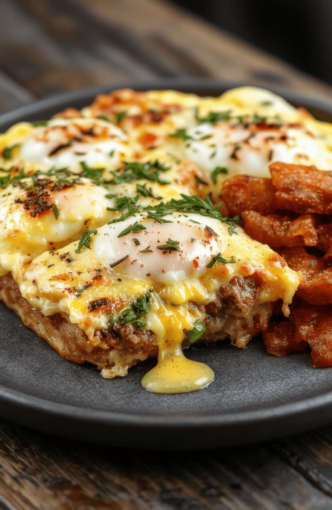 A colorful, steaming breakfast casserole served in a clear glass dish, featuring golden-brown edges, chunks of sausage, fluffy eggs, and melted cheese sprinkled on top, styled with fresh herbs for a vibrant presentation.