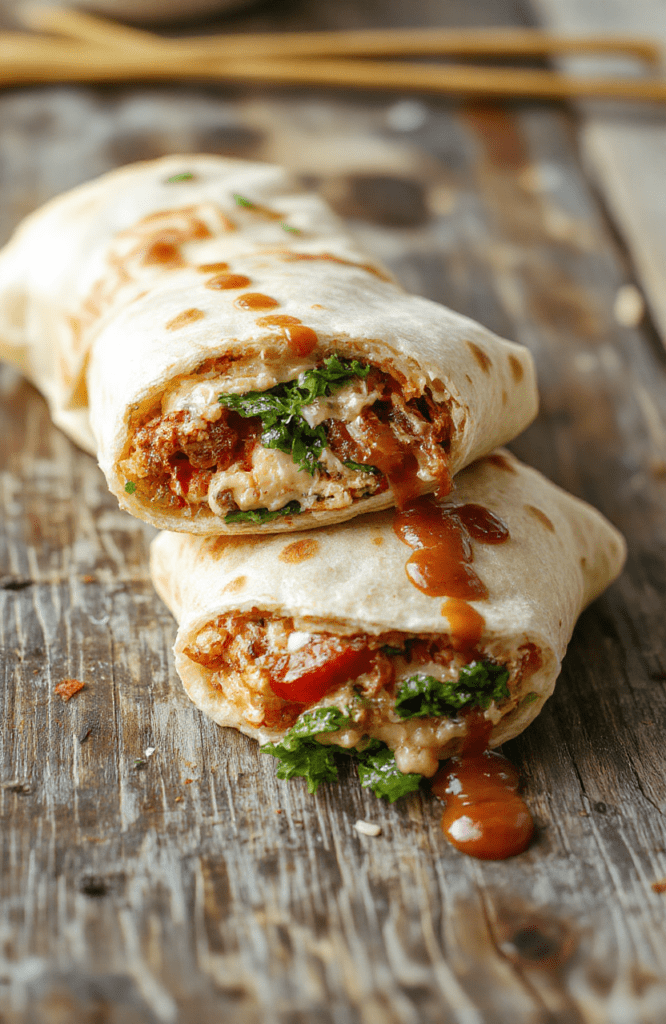 A vibrant plate featuring crispy bacon strips, fresh green lettuce, ripe red tomato slices, all wrapped in a golden-brown tortilla. The wraps are sliced open to reveal colorful layers of ingredients, styled on a rustic wooden surface with a side of extra toppings and a drizzle of sauce for a fresh, appetizing look.