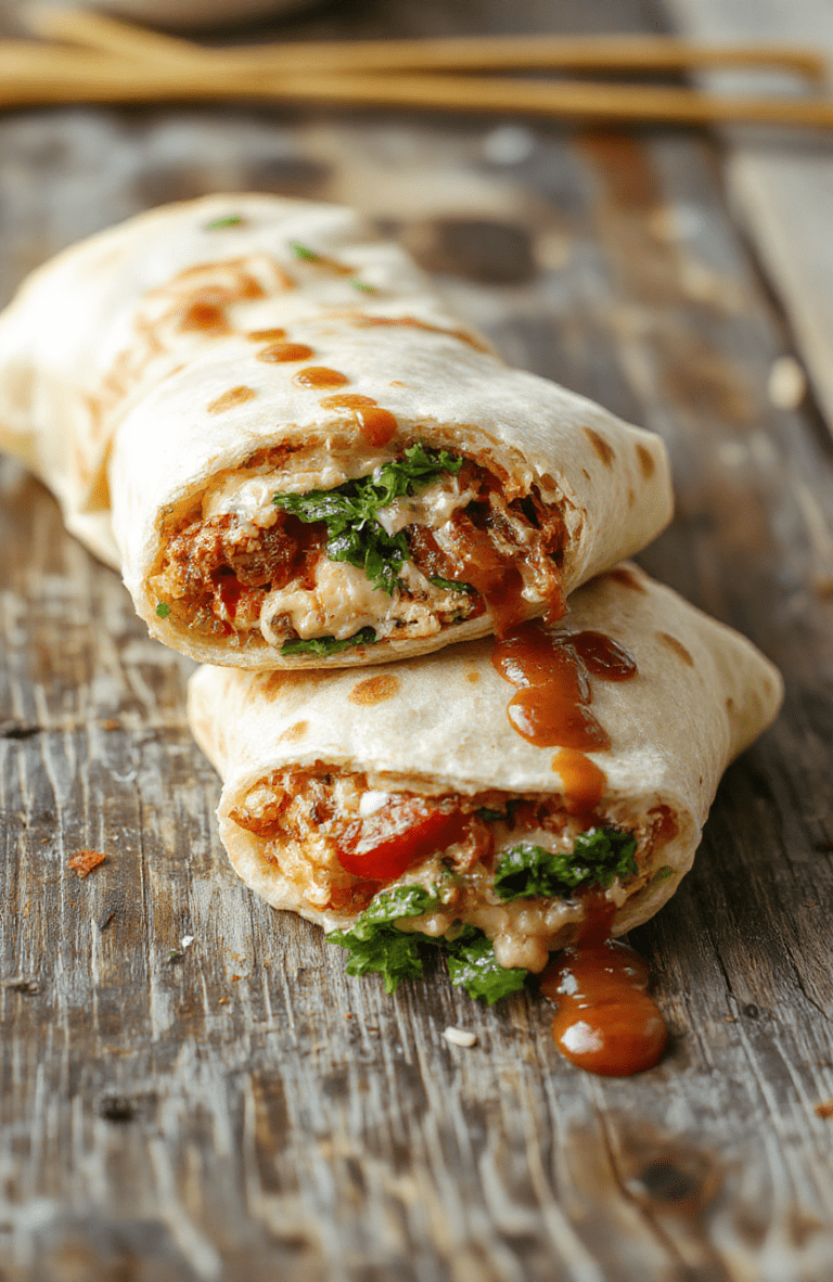 A vibrant plate featuring crispy bacon strips, fresh green lettuce, ripe red tomato slices, all wrapped in a golden-brown tortilla. The wraps are sliced open to reveal colorful layers of ingredients, styled on a rustic wooden surface with a side of extra toppings and a drizzle of sauce for a fresh, appetizing look.